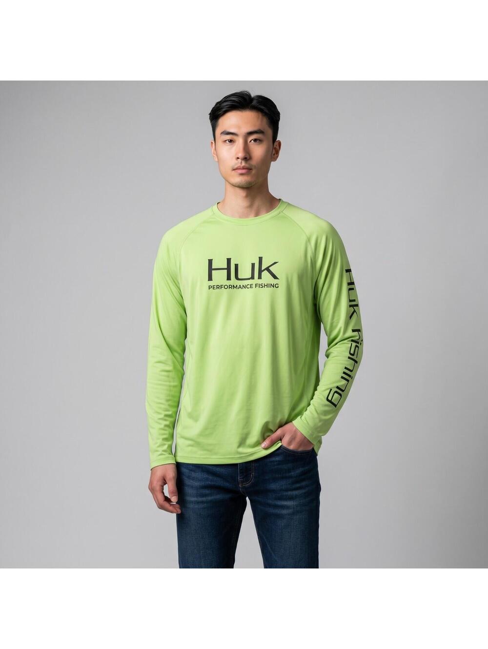 Huk Performance Fishing Shirt Mens Large Green Long Sleeve UV Protection